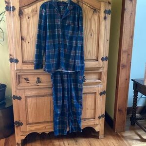 Men Cuddl Duds blue red green plaid 2 piece pajamas set size M